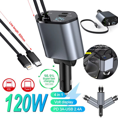 120W 4 in 1 Retractable Car Charger USB C Cable for Iphone Huawei Samsung Fast Charge Cord Cigarette Lighter Adapter PD QC3.0