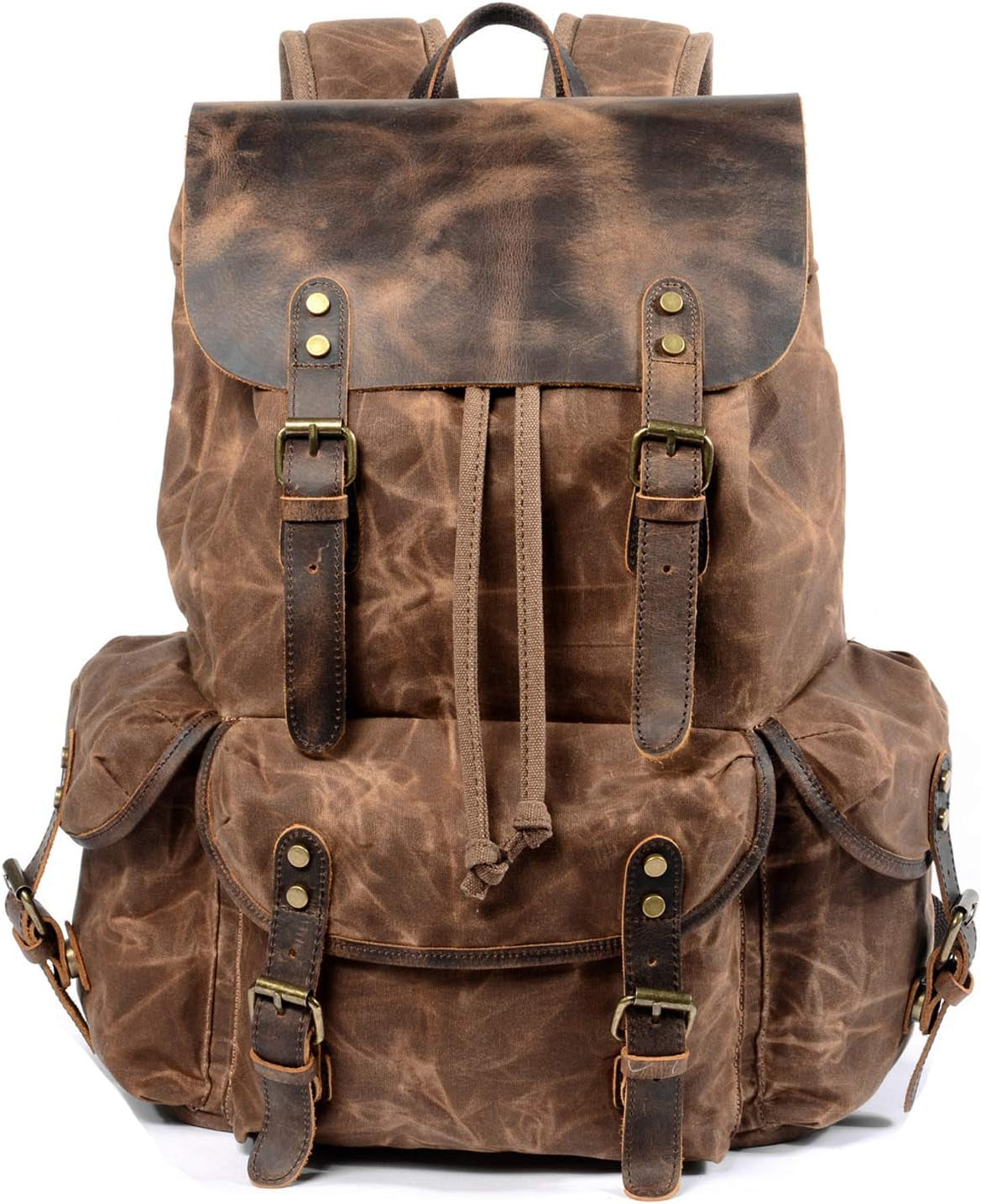 Leather Backpack for Men, Waxed Canvas Shoulder Rucksack for Travel School