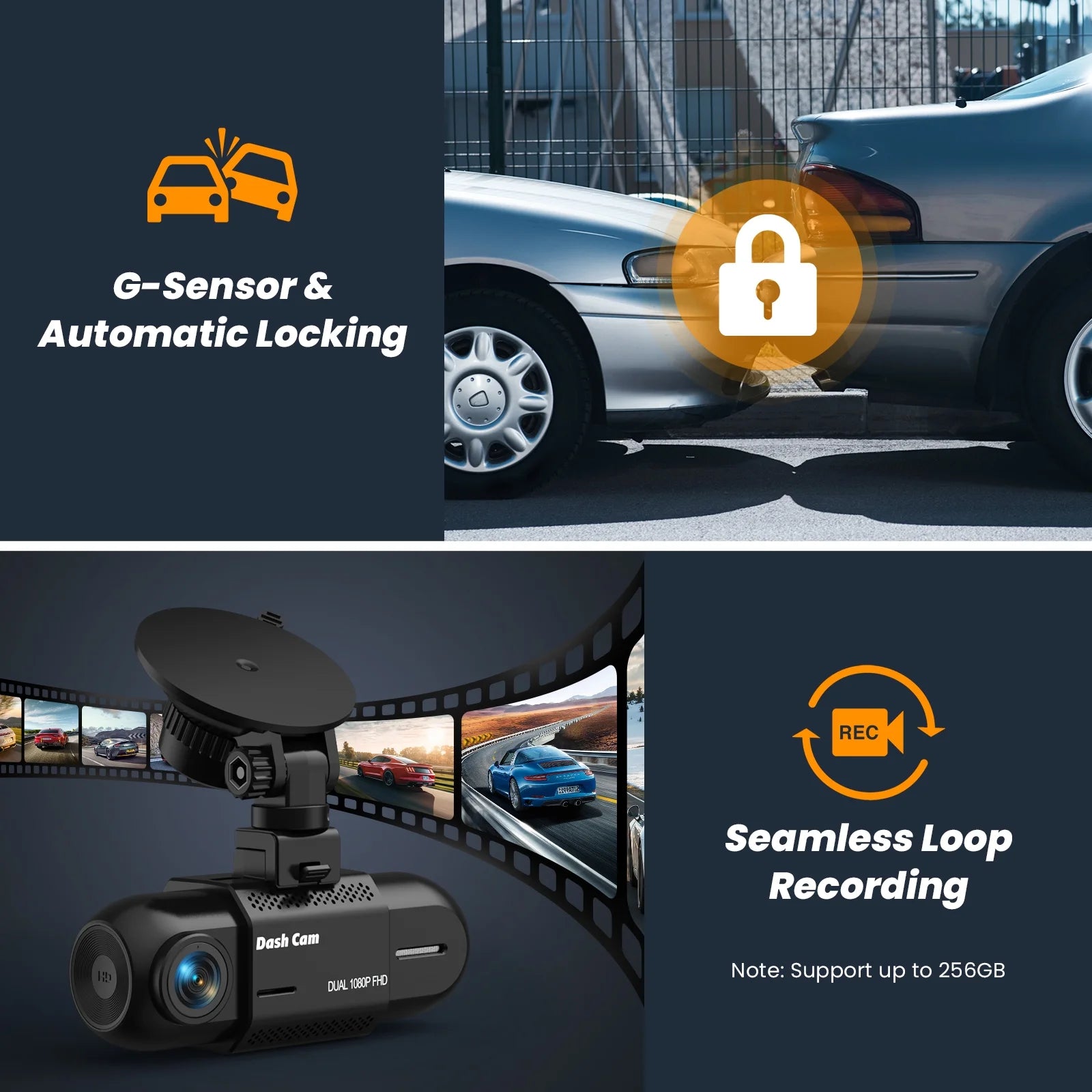 Dash Cam Front and Inside, 1080P FHD Car Camera with Rear IR Night Vision, Accident Lock, 24H Park Monitor, G-Sensor, 32GB SD Card Included