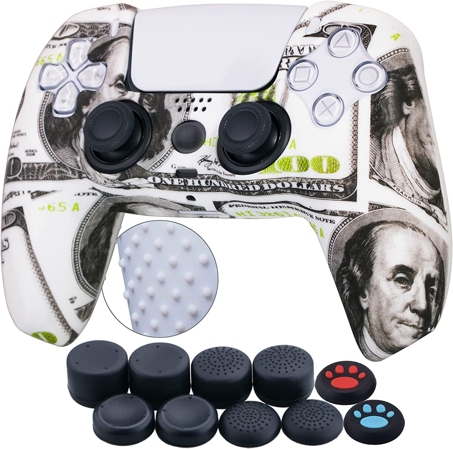 Water Transfer Printing Silicone Thickened Cover Skin Case for PS5 Dualsense Controller X 1(US Dollars) with Thumb Grips X 10