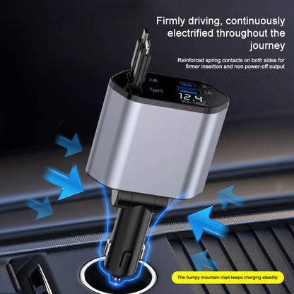 120W 4 in 1 Retractable Car Charger USB C Cable for Iphone Huawei Samsung Fast Charge Cord Cigarette Lighter Adapter PD QC3.0