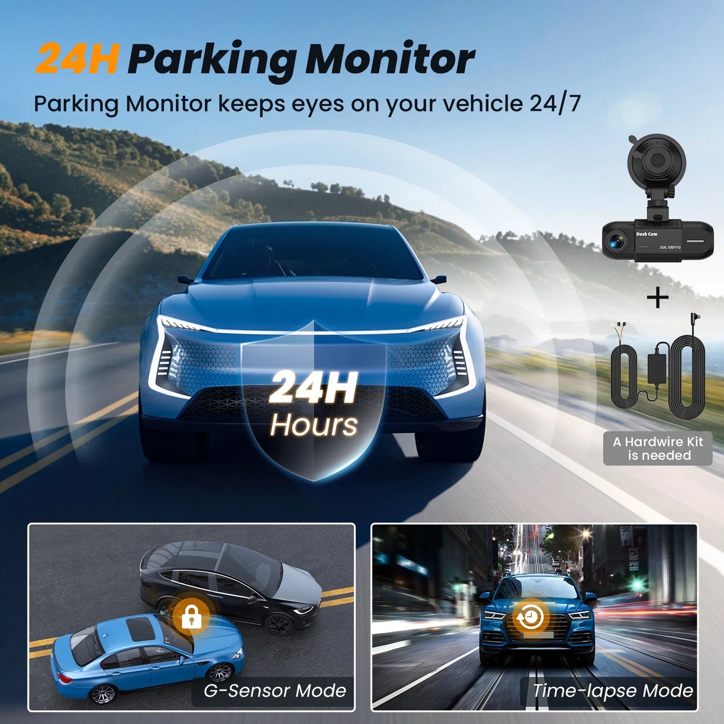 Dash Cam Front and Inside, 1080P FHD Car Camera with Rear IR Night Vision, Accident Lock, 24H Park Monitor, G-Sensor, 32GB SD Card Included