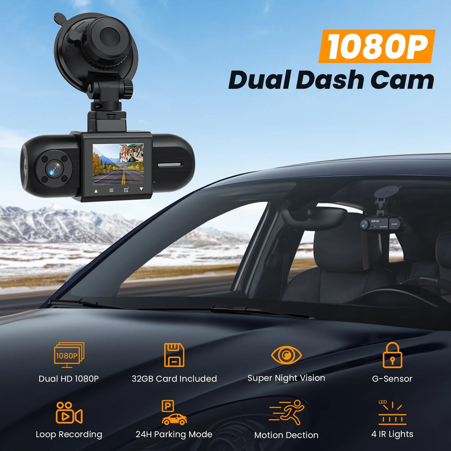 Dash Cam Front and Inside, 1080P FHD Car Camera with Rear IR Night Vision, Accident Lock, 24H Park Monitor, G-Sensor, 32GB SD Card Included