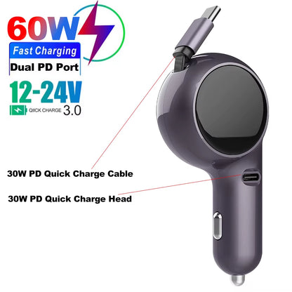 120W 4 in 1 Retractable Car Charger USB C Cable for Iphone Huawei Samsung Fast Charge Cord Cigarette Lighter Adapter PD QC3.0