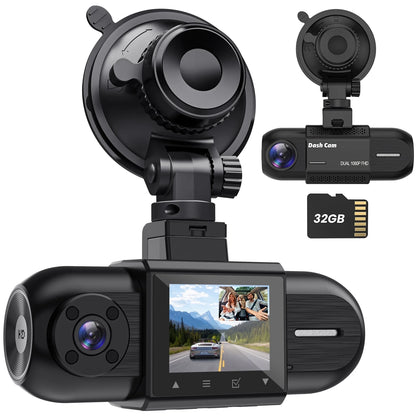 Dash Cam Front and Inside, 1080P FHD Car Camera with Rear IR Night Vision, Accident Lock, 24H Park Monitor, G-Sensor, 32GB SD Card Included