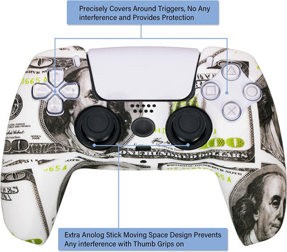 Water Transfer Printing Silicone Thickened Cover Skin Case for PS5 Dualsense Controller X 1(US Dollars) with Thumb Grips X 10